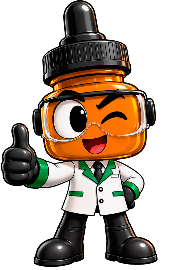 CBDezinho, mascote da CBD Meds, em jaleco branco fazendo sinal de positivo